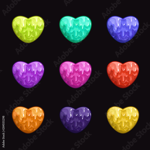Colorful cartoon slime hearts. Vector icons for game design.