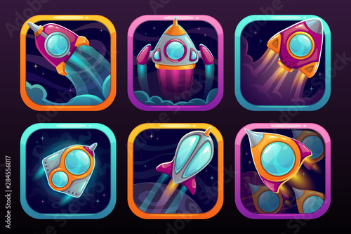App icons with flying rockets. Space wars game logo concept.