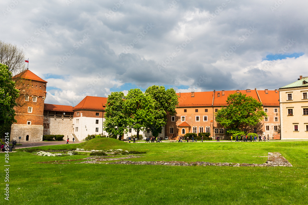Grass lawn in Wawel castle, panoramic view