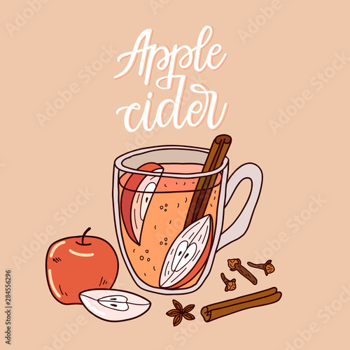Cup of apple cidre with mulling spices. Illustration traditional hot drink at Christmas time. Autumn and winter holidays. Hand-drawn illustration.