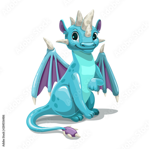 Little cute cartoon blue dragon. Isolated on white background.
