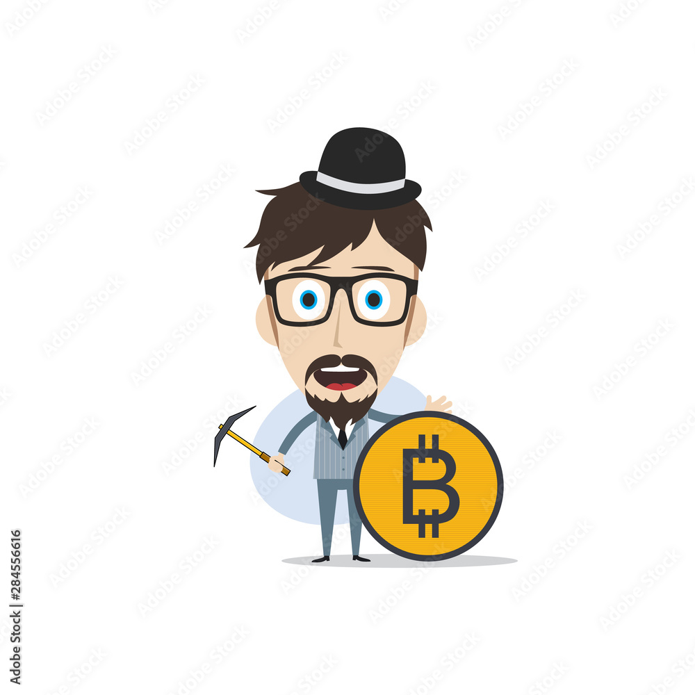 bitcoin crypto currency theme cartoon gentleman male man miner boy