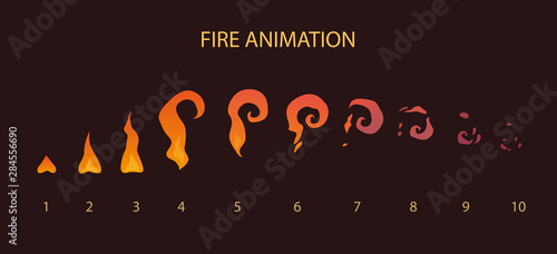 VFX effect storyboard. Fire animation sprites, vector flame video frames.