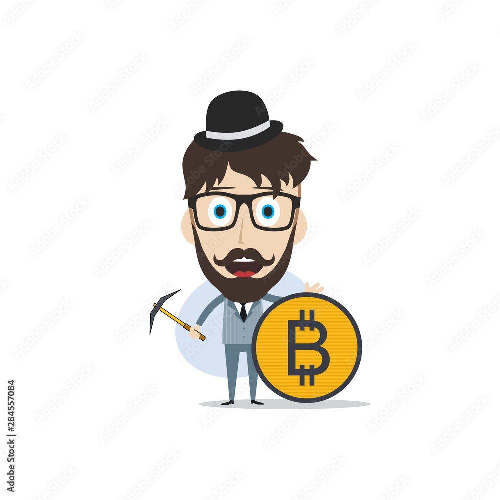 bitcoin crypto currency theme cartoon gentleman male man miner boy