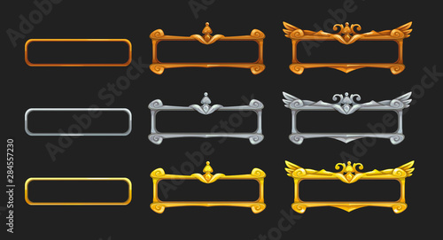 Metallic title banners set for epic game design. Golden, silver and bronze decorative frames.