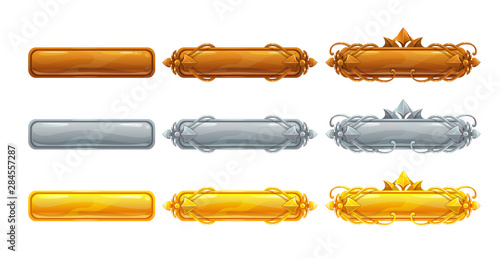 Metallic title banners set for epic game design. Golden, silver and bronze decorative frames.
