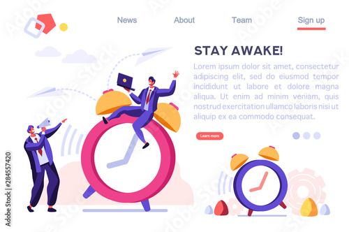 Morning Classic Minute Reminder. Work Deadline, Wake Alarm, Chronometer Concept. Bell on Time Device, Clock and People Ring. Cartoon Flat Vector Illustration Hero Image, Banner for Web Page.