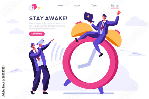 Morning Classic Minute Reminder. Work Deadline, Wake Alarm, Chronometer Concept. Bell on Time Device, Clock and People Ring. Cartoon Flat Vector Illustration Hero Image, Banner for Web Page.