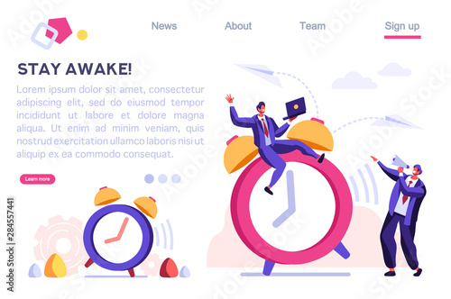 Morning Classic Minute Reminder. Work Deadline, Wake Alarm, Chronometer Concept. Bell on Time Device, Clock and People Ring. Cartoon Flat Vector Illustration Hero Image, Banner for Web Page.