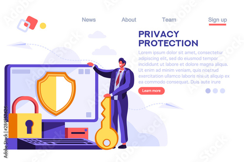 Infographic, banner with hero protect data and confidentiality. Safety and confidential data protection, concept with character saving code and check access. Cartoon flat vector illustration.