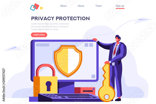 Infographic, banner with hero protect data and confidentiality. Safety and confidential data protection, concept with character saving code and check access. Cartoon flat vector illustration, Banner.