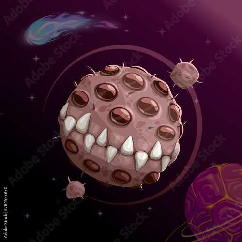 Cartoon creepy monster planet with spittle mouth and jaws on the dark space background.