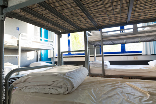 Konstfotografi Hostel interior, bunk beds and linen, nobody