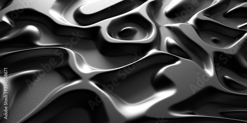 3d Visual arts background with Psychedelic Tribal Liquid Surface Black Metal Brushed Chrome texture. Close-up view