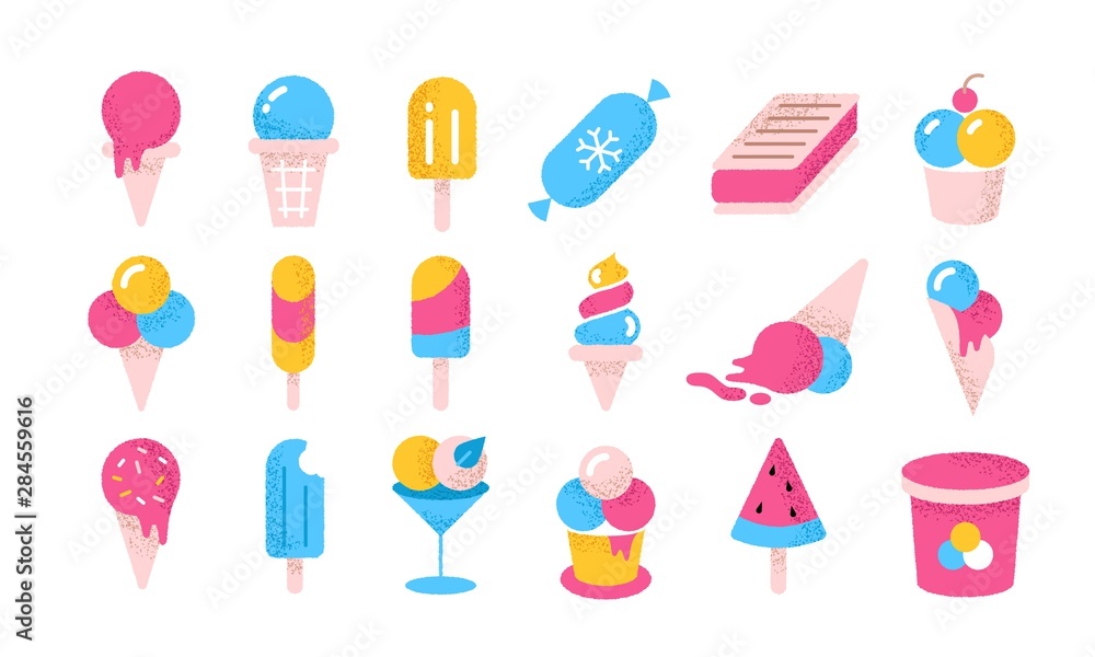 Ice cream flat icons. Cartoon frozen yoghurt and creams in cones cups and buckets. Vector illustration summer tasty cold soft vanilla dessert on white background Ice cream flat icons. Cartoon frozen yoghurt and creams in cones cups and buckets. Vector illustration summer tasty cold soft vanilla dessert on white background