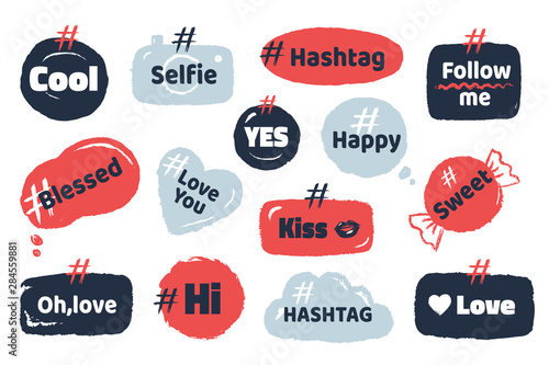 Hashtag social banner. Media slang doodle logos with speech bubbles modern social quotes. Vector image internet blog elements trends concept for follow like idea photo