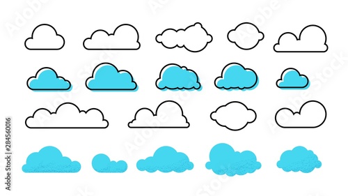 Clouds set. Trendy different flat clouds with grunge texture and outline blue shapes, modern meteorology symbols. Vector isolated symbol cloudscape heaven banners