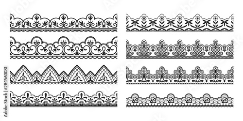 Lace borders. Seamless vintage decorative ribbons with ornamental and floral elements, cloth black tape pattern. Vector isolated illustration frill design set on white background