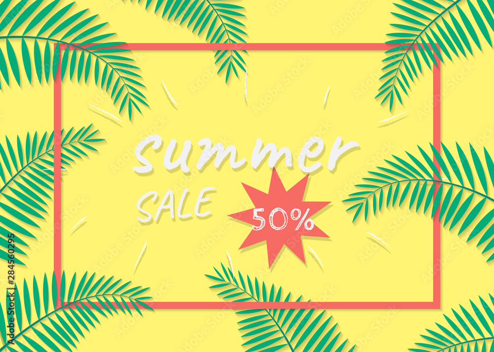 Obraz premium Vector illustration with tropical leaves and text 