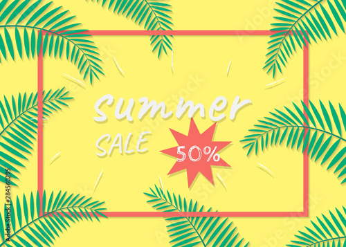 Vector illustration with tropical leaves and text "Summer sale 50%" on yellow background. Template for invitation, coupon, card, shopping mailing, banner. EPS 10
