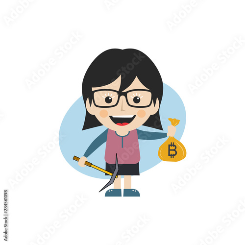 bitcoin crypto currency theme cartoon female woman miner girl