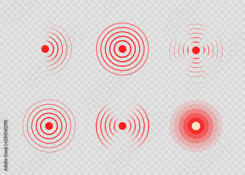Set of red painful target spot. Pain circles. Sonar waves. Red rings of pain to indicate localization of ache. Vector illustration