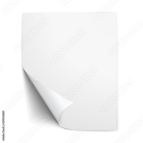 Realistic paper sheet with folded corner. Paper sheet with shadows on white background. Vector illustration