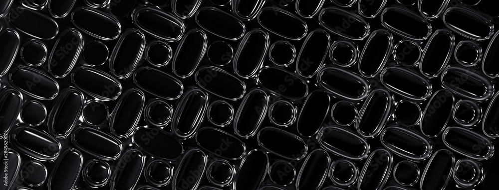 Naklejka premium Banner illustration with abstract 3d round shiny capsule pattern and reflective black plastic texture, panoramic.