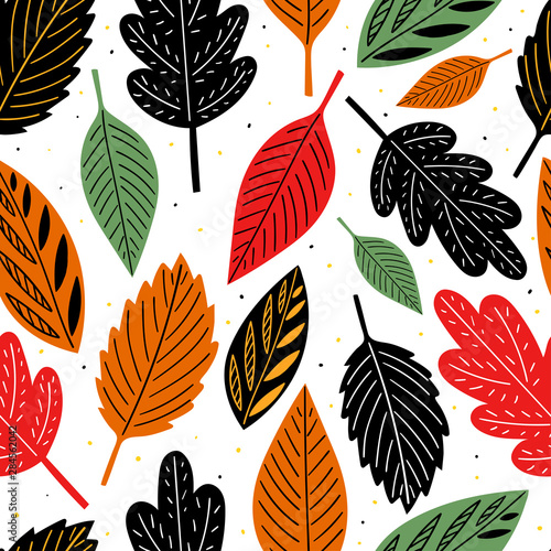 Autumn leaves seamless pattern for print, textile, fabric. Hand drawn devorative leaves background. photo