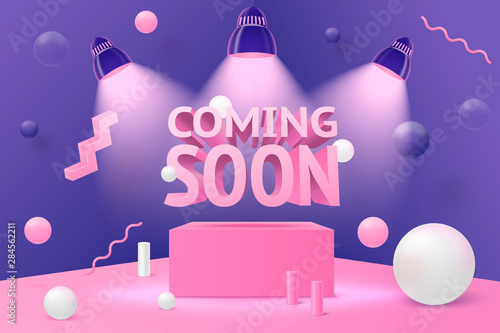Vector 3d realistic corner wall abstract scene - coming soon spotlights on podium and pink, white and violet balls and objects.