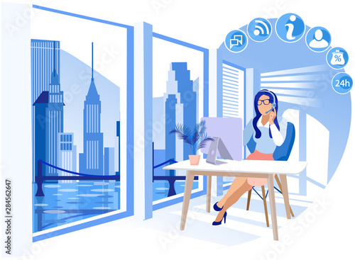 Girl Working in Call Center Vector Illustration.