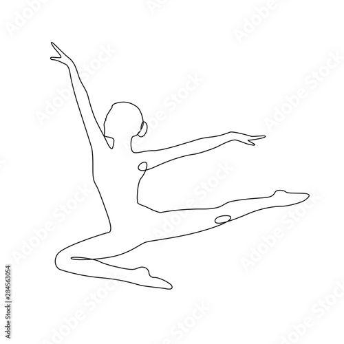 Ballerina jumps performing dance one line drawing on white isolated background. Vector illustration