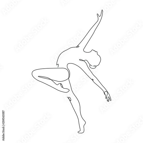 Ballerina jumps performing dance one line drawing on white isolated background. Vector illustration