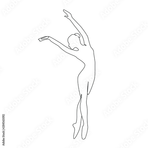 Ballerina jumps performing dance one line drawing on white isolated background. Vector illustration
