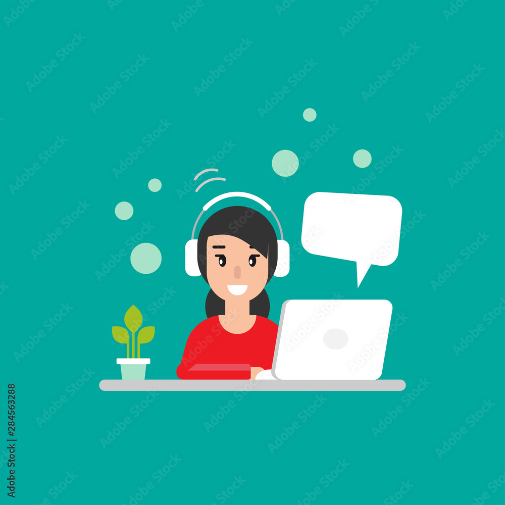 Happy freelancer girl on computer with speech bubble. flat vector cartoon illustration on turquoise background. Happy freelancer girl on computer with speech bubble. flat vector cartoon illustration on turquoise background.