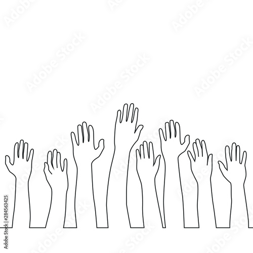 Hands up one line drawing on white isolated background. Vector illustration
