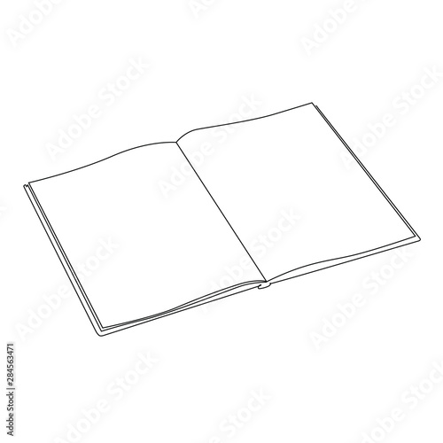 Open copybook one line drawing on white isolated background. Vector illustration