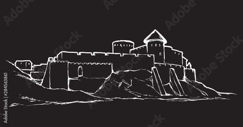 Ancient city on rock. Vector drawing