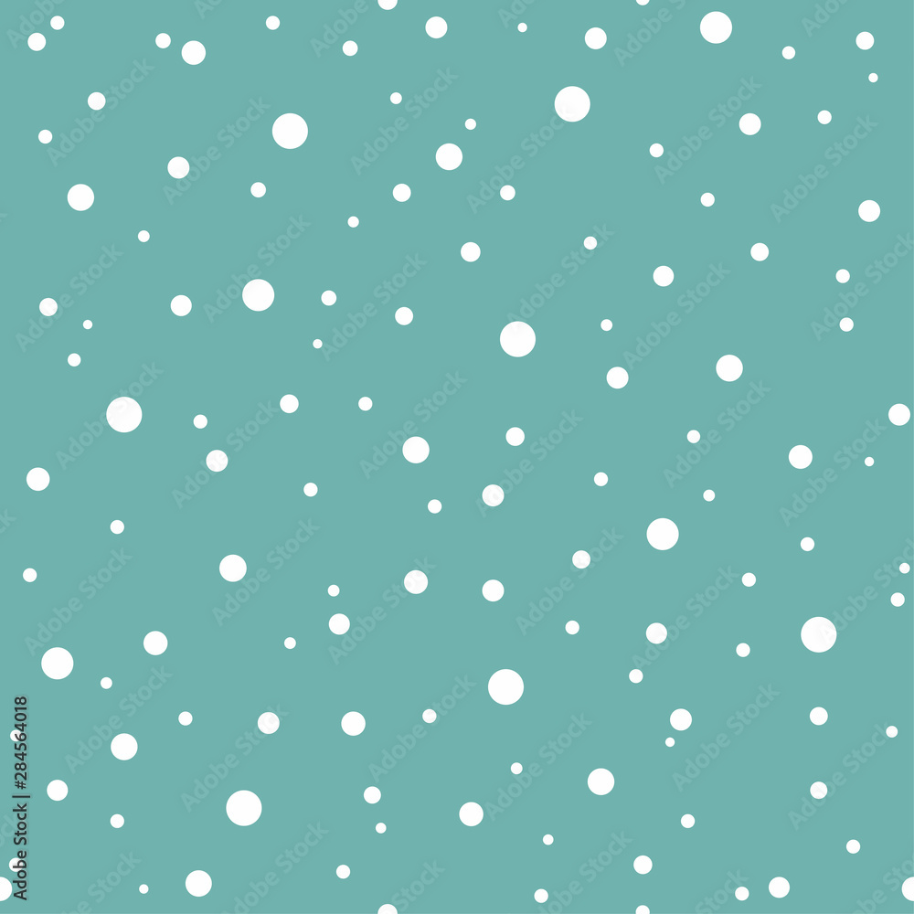 Winter seamless pattern. Sky with flat white snow dots on powder blue background. New Year backdrop.