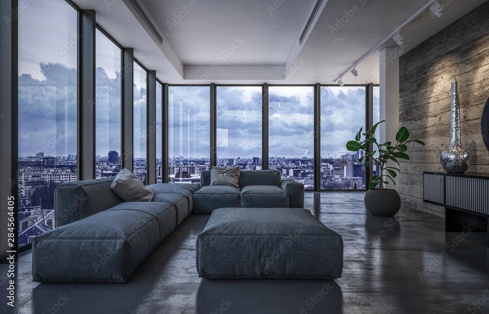 Luxury penthouse living room in evening light - obrazy, fototapety, plakaty 
