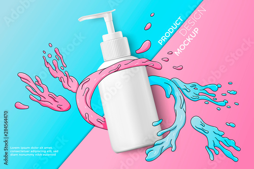 Vector 3d realistic cosmetic pump bottle on bright modern paper background with doodle splashes. Mock-up for product package branding.