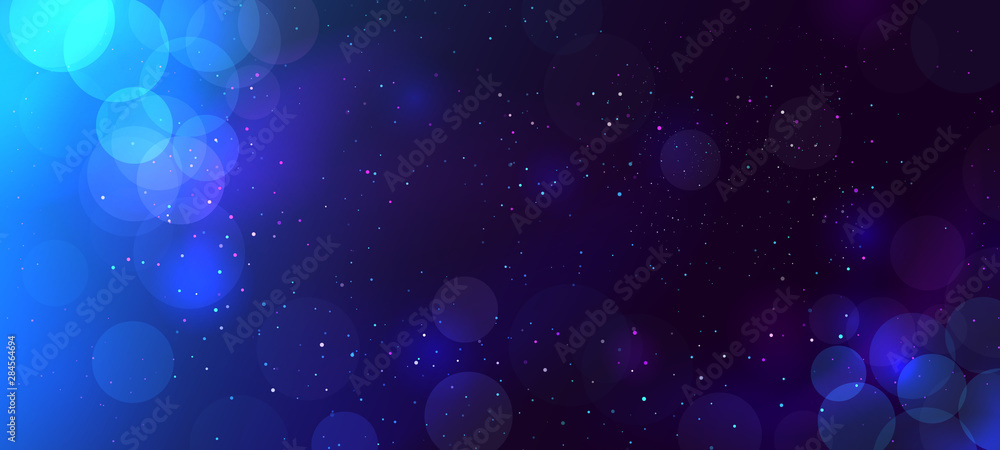 Abstract blue blurred bokeh light on dark background. Christmas or New Year holiday card template. Magic falling snow backdrop.
