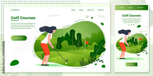 Vector cross platform illustration set - sporty girl playing golf. Court, park, trees and hills on green background.Browser and mobile phone template with place for your text. photo