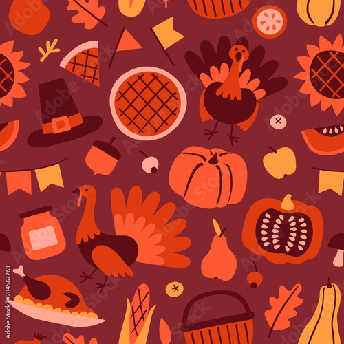 Happy Thanksgiving Day seamless pattern with holiday objects in scandinavian style. Hand drawn flat background with cartoon pumpkin, turkey, pie and fruit. Vector illustration for design, fabric or wr