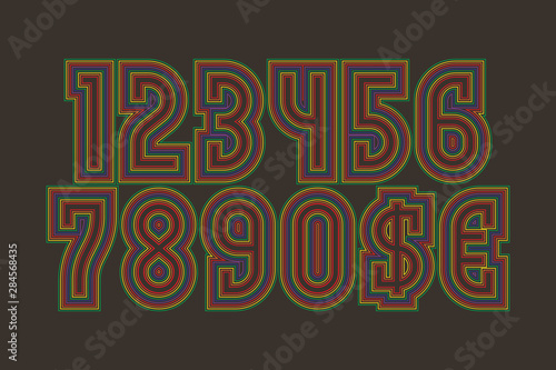 Iridescent numbers with currency signs of multicolored lines.