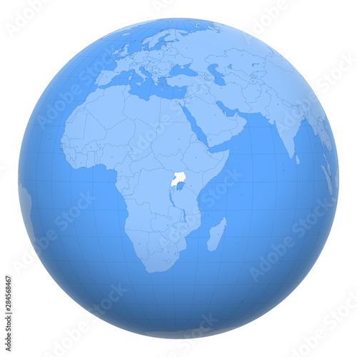 Uganda on the globe. Earth centered at the location of the Republic of Uganda. Map of Uganda. Includes layer with capital cities.