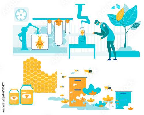 Smart Farm Apiary with Bees Vector Illustration.