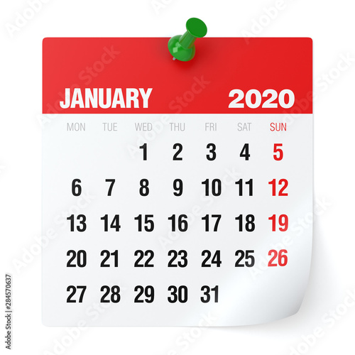 January 2020 - Calendar. Isolated on White Background. 3D Illustration