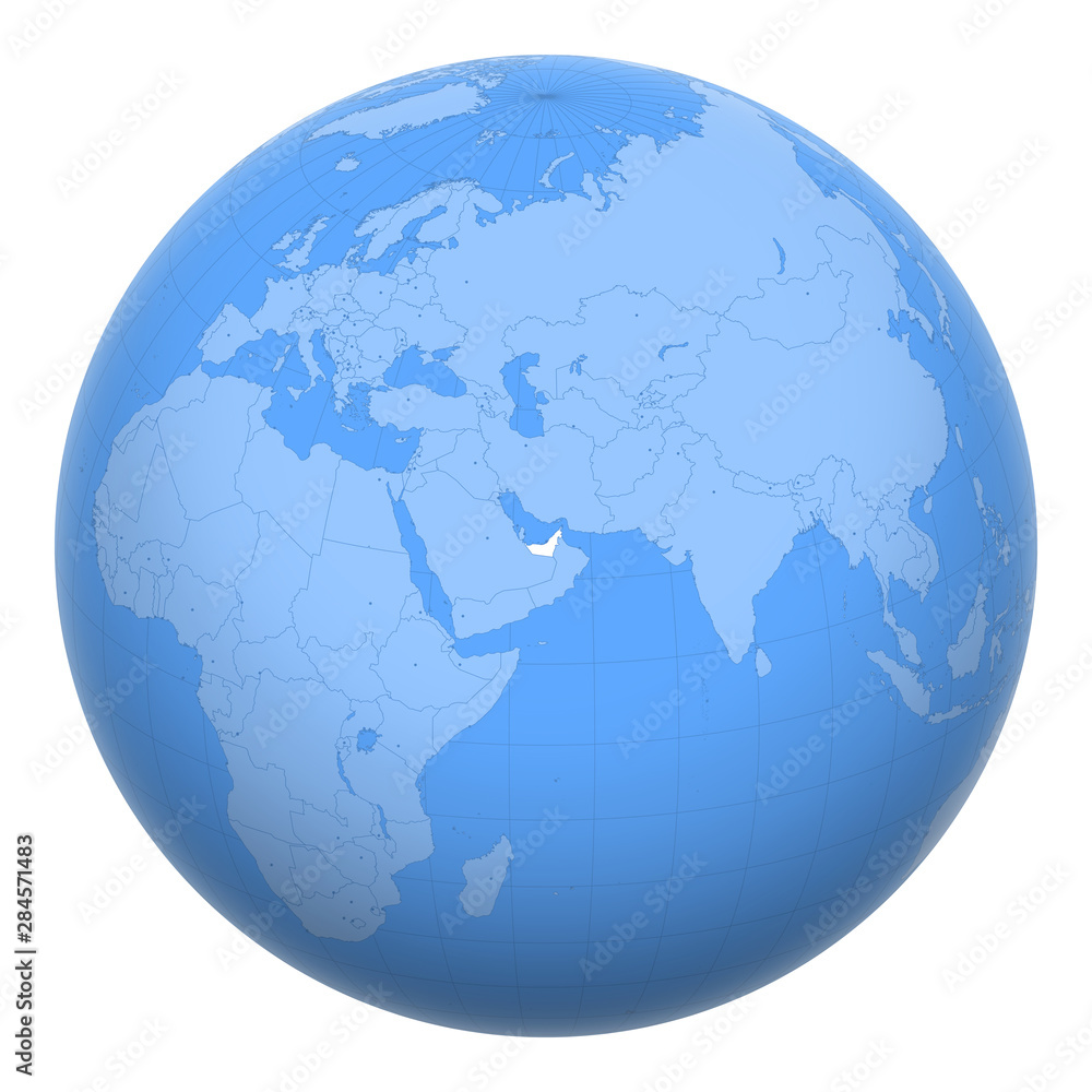 United Arab Emirates (UAE) on the globe. Earth centered at the location of The United Arab Emirates. Map of the Emirates. Includes layer with capital cities.