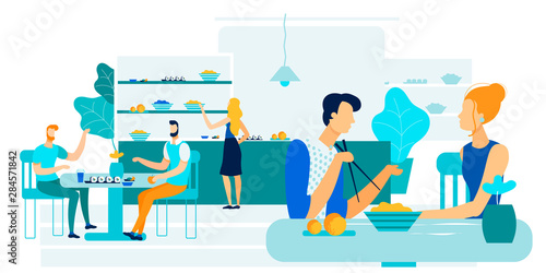 Office Workers Lunch Together Vector Illustration.